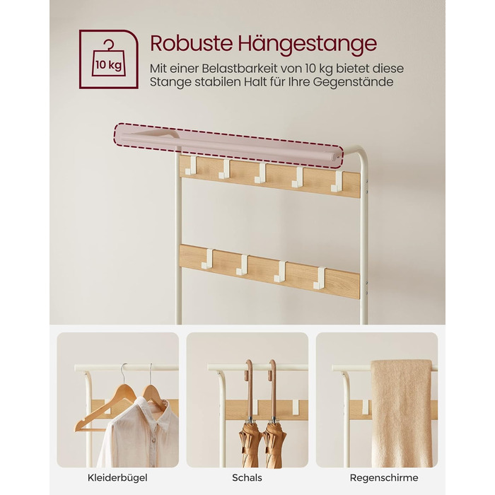 Вішалка для одягу VASAGLE, Шафа з лавкою для взуття, Дизайн 4-в-1, 9 знімних гачків, Штанга для одягу, Вхідна зона, Коридор, 33,7 x 72 x 183 см, Сучасний, Дубово-білий HSR40W 72B см Кремовий