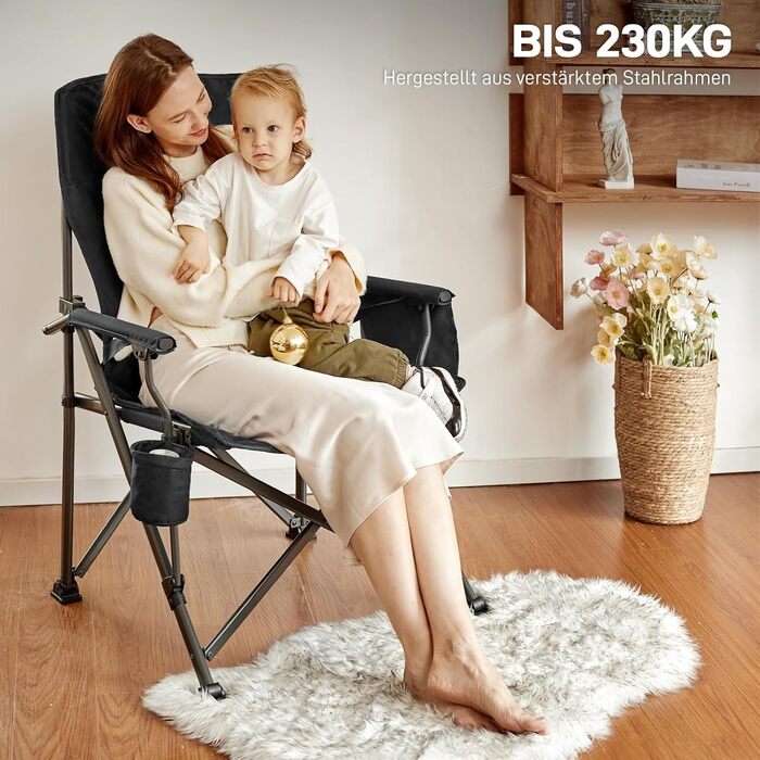 Складане кемпінгове крісло EVER ADVANCED, вантажопідйомність 230 кг, розкладне крісло XL, ширина сидіння 62 см з бічною кишенею та тримачем для напоїв, велике розкладне крісло, рибальське крісло для кемпінгу, використання на вулиці, балкон, сад, чорний ко