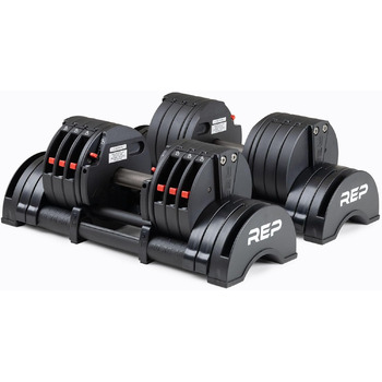 Регульовані гантелі Rep Fitness Quickdraw, доступні в кількох діапазонах ваги, включаючи 5-30, 5-40, 5-50 та 2,3-27,2 кг, 2,3 - 18 кг