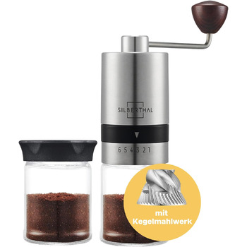 Кавомолка SILBERTHAL Ручна конічна кавомолка - Регульований ступінь помелу - Ручна кавомолка з нержавіючої сталі та скла - Змінне