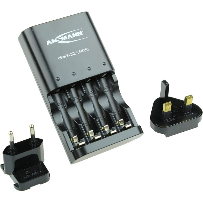 Зарядний пристрій Powerline 4 Smart AA та AAA для акумуляторів NiMH NiCD, з вилкою для Великобританії та багатокольоровим світлодіодним дисплеєм, швидке індивідуальне заряджання та моніторинг