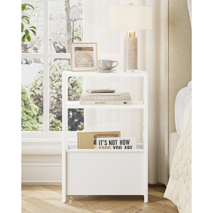 Журнальний столик з місцем для зберігання речей, 3-ярусний вузький журнальний столик з сумкою, вузька тумбочка, маленький журнальний столик для невеликих приміщень, спальня, вітальня, офіс (білий)