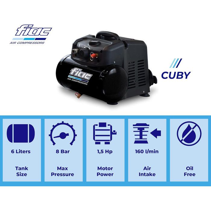 Переносний повітряний компресор FIAC CUBY, безмасляний, максимальний тиск 8 бар, 1,5 к.с., 6-літровий бак, рівень шуму 97 дБ