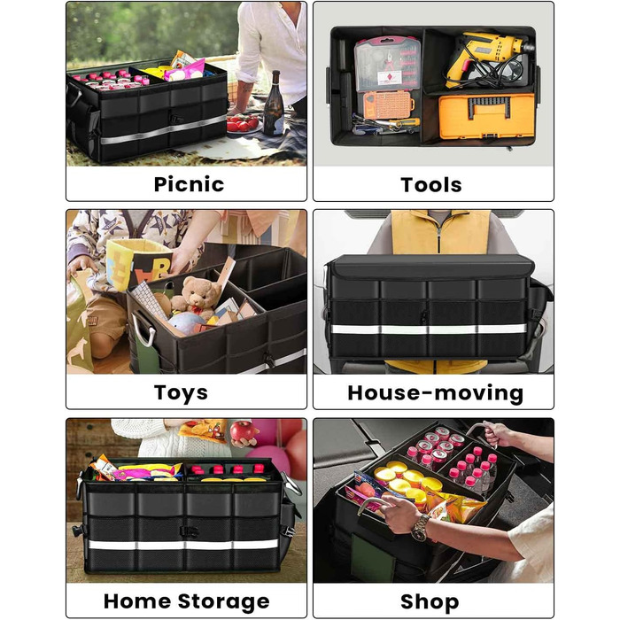 Органайзер для багажника WINHUNT, автомобільний органайзер для зберігання речей з водонепроникним кишенею, складний органайзер з багатьма відділеннями для автомобіля, позашляховика, седана, пікапа (Чорний, 66л) Чорний 66л