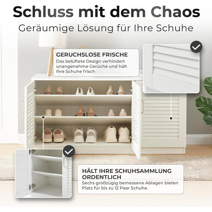 Взуттєва шафа Løten, полиця для взуття з 3 дверцятами та 6 полицями, відділення для взуття, 125 x 36 x 62 см, вміщує до 12 пар взуття, біла, 125 x 36 x 62 см