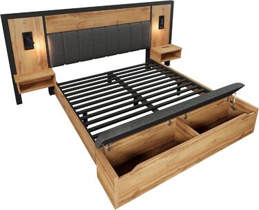 Двоспальне ліжко Kebnor з м&39якою поверхнею, комплект ліжка з лампою для читання та USB-портом, тумбочкою та лавкою для зберігання речей, каркас ліжка з рейковою основою з металу, дерева та льону, дуб (матрац не входить до комплекту) (180200 см) 180200 с