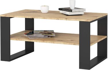 Дерев&39яний журнальний столик AKORD Alex з однією полицею, 92x45x53 см, для вітальні, спальні, шафи, мінімалістичний сучасний дизайн, ламінат 16 мм, оздоблення Artisan Oak & Black