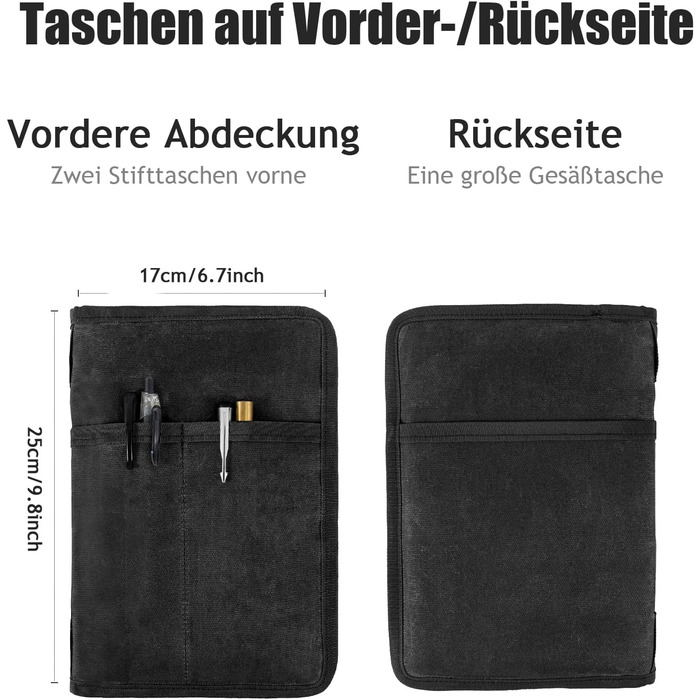 Класична вощена полотняна обкладинка для блокнота на блискавці, кишеня для щоденника, обкладинка для польових нотаток, водонепроникна обкладинка для блокнотів 5x8, блокнот мандрівника A5 (чорний) чорний 1 17*25 см