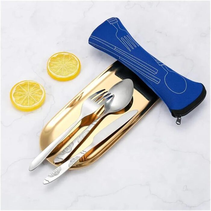 Універсальний набір столових приборів для подорожей з нержавіючої сталі з футляром на блискавці, портативний, можна мити в посудомийній машині, посуд для пікніків, кемпінгу, дому, кухні (синій набір)