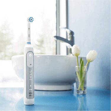 Електрична зубна щітка Oral-B Genius 8000N з додатком для визначення положення та розумного тренування, 5 програм чищення, тримач для смартфона та дорожній кейс, срібний одинарний