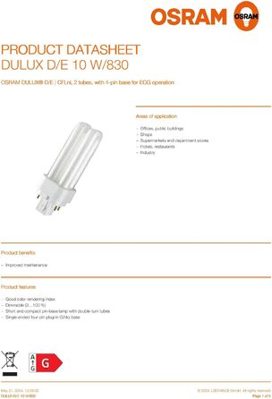 Компактна люмінесцентна лампа OSRAM DULUX DE, 10 Watt, G24q1 EEK A