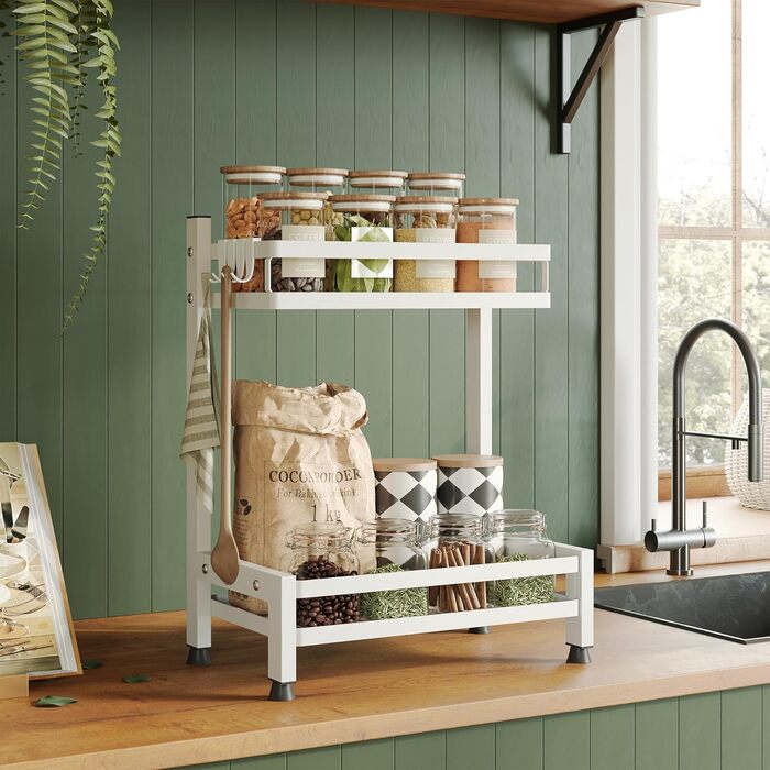 Багатофункціональна підставка для спецій NETEL, стояча, 2 рівні, підставка/тримач для спецій з нержавіючої сталі, органайзер для кухонних полиць на 4 гачки, біла, 2 рівні (базова модель)