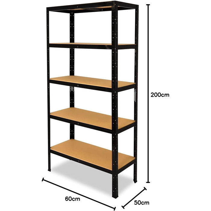 Чорний надміцний стелаж, чорний металевий стелаж, 5 полиць вантажопідйомністю 175 кг кожна, стелаж для зберігання, стелаж для підвалу, побутовий стелаж, чорний металевий стелаж, окремостоячий, В 200см / Ш 60см / Г 50см, 200x60x50