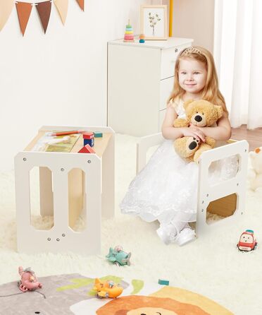 Комплект столу та стільців Yorbay для дітей, Дитячий стіл з 1 стільцем, Комплект дитячих сидінь 3-в-1 - Двосторонній стілець та дитяча лавка, що трансформується в робочу станцію, Дитячі меблі (Натуральний, M) Натуральний середній