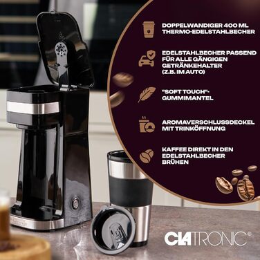Кавоварка Clatronic з кухлем Coffee To Go 400 мл Підходить для всіх поширених підстаканників (наприклад, автомобільних) Кавоварка з фільтром з кухлем з нержавіючої сталі та аромакришкою Кавоварка мала KA 3733 Classic