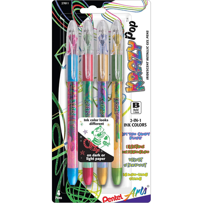 Гелева ручка Pentel Arts Krazy Pop Iridescent, (1,0 мм) Bold Line, чорнило в асортименті (4 упаковки)