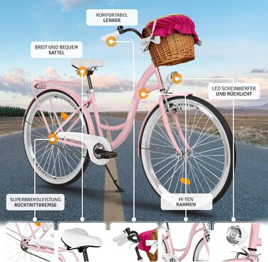 Жіночий міський велосипед MILORD Comfort з плетеним кошиком, вінтажний, 26, 28 дюймів, 1 швидкість, рожевий, 26 дюймів