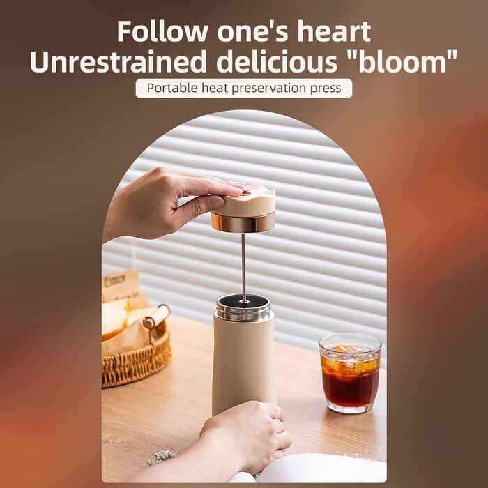 Дорожня кружка френч-прес Tidyard, портативна кавова дорожня кружка на 320 мл, кавоварка з нержавіючої сталі з подвійною ізоляцією для меленої кави та чайного листя на ходу Слонова кістка