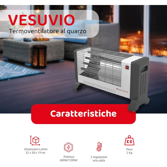 Сімейство Melchioni Кварцовий вентилятор-обігрівач для використання в приміщенні, 2 режими та 2 рівні потужності, електричний кварцовий вентилятор-обігрівач, модель Vesuvio