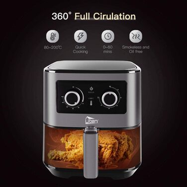 Аерофритюрниця Uten, фритюрниця 5.5 л XXL Фритюрниця з гарячим повітрям 1700 Вт, таймер, кошик для фритюрниці з антипригарним покриттям Аерофритюрниця для 2-8 осіб, теплоізольована 5.5 л - з подвійною кнопкою