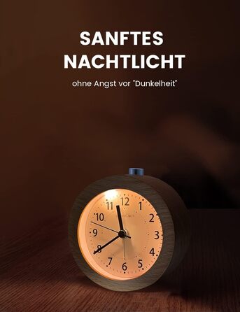 ВищеГодинник будильник аналоговий без цокання, будильник дерев'яний з дрімотою, тумбочка настільний годинник з нічником, ретро-будильник аналоговий на батарейках (потрібна батарея 1*AA) - натуральне дерево світло-коричневого кольору (кругле, світло-коричн