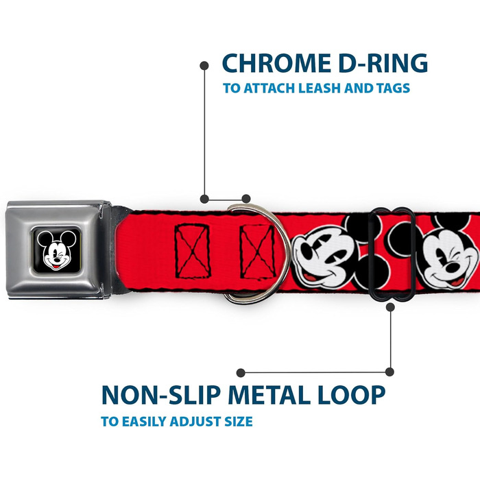 Нашийник для собак Buckle-Down з застібкою як у ременя безпеки - Міккі Маус, Червоно-Чорно-Білий - Ширина 2.5 см - Для обхвату шиї 23-38 см - Розмір S