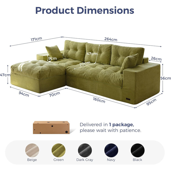 Диван MAXYOYO з функцією сну, кутовий диван L-подібної форми, вельветова тканина, 264x171 см, вельветовий диван, вітальня, розкладний диван з пуфом, універсальний, легко чиститься та підходить для домашніх тварин, не потребує складання (світло-зелений)