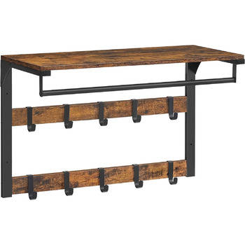 Настінна вішалка VASAGLE, з полицею, настінна полиця з 10 знімними гачками, підвісна полиця, настінне кріплення, 2 вішалки, вішалк