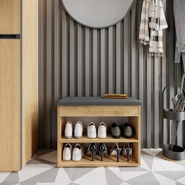 Лавка для взуття KOMTO з сидінням - Полиця для взуття Лавка з місцем для зберігання Медовий дуб 60 x 48 x 32 см Маленька шафка для взуття з лавкою Лавка для передпокою Гардеробна лавка Sofia Медовий дуб Оббивка сіра 60 x 48 x 32 см