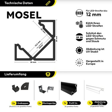Алюміній - Світлодіодний алюмінієвий кутовий профіль чорний - 200 см - з аксесуарами та опаловою кришкою - для 12 мм Світлодіодна стрічка - 2 м - для приміщень та вулиці - MOSEL (ALU кришка (OPAL / Milky) 1,0м)