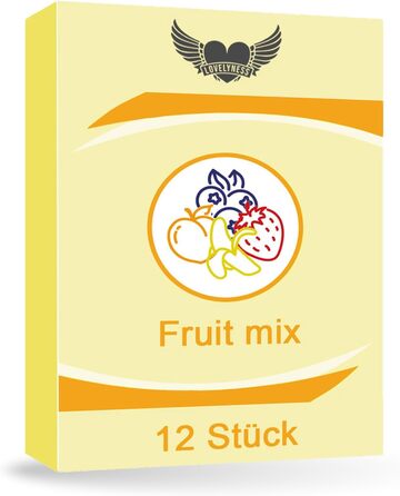 Ароматизовані презервативи полуниця, банан, чорниця, персик, 52 мм - 12 шт. Надзвичайно тонкі, з додаванням мастила. Підходять для анального сексу. У комплекті 1 шматок мастила Lovelyness (упаковка з 12 шт. ).