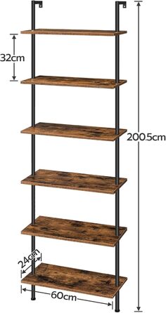 Рівнева книжкова полиця HOOBRO своїми руками, промислова драбина, полиця з ДСП, вертикальна полиця зі стабілізуючою металевою рамою, для домашнього офісу, вітальні, темно-коричневий EBF65CJ01 60 x 24 x 200,5 см темно-коричневий чорний, 6-