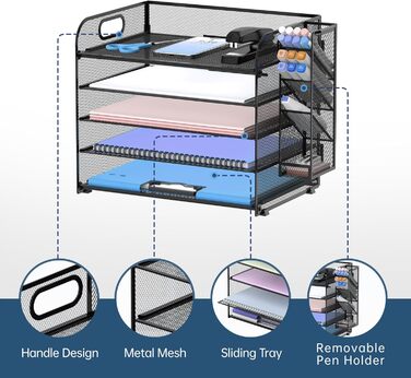 Рівневий органайзер для столу SUPEASY з ручкою, знімні тримачі для ручок, сітчастий органайзер для паперу/файлів для столу, органайзер для лотка для паперу та листів для офісного приладдя (чорний), 5-