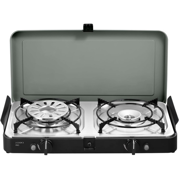 Газовий гриль для кемпінгу 2-Cook 3 Pro Deluxe - 50 мБар - Сталь, алюміній та пластик - Газова плита для кемпінгу - вкл. кулінарна книга для кемпінгу та сумка для перенесення Pro Deluxe 50 мБар кулінарна книга для кемпінгу