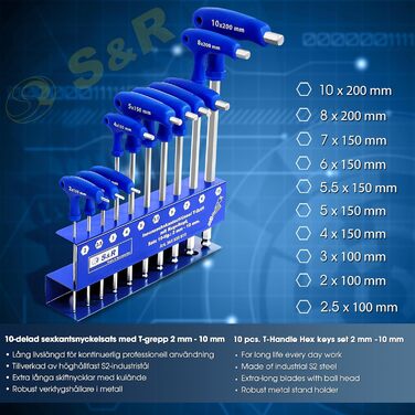 Набір шестигранних ключів S&R HX, високоміцна сталь S2, Т-подібна ручка, кулястий наконечник, надійний захист від корозії, металевий тримач для інструментів, 10 предметів 2 мм - 10 мм, набір шестигранних ключів метричний