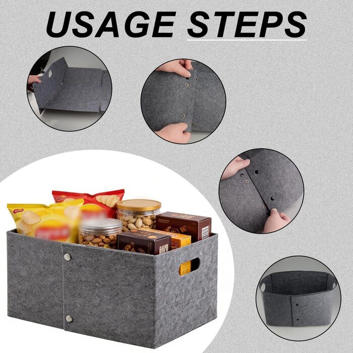 Міцних фетрових кошики сірого кольору, складна коробка-органайзер із застібками-кнопками та ручкою для перенесення, прямокутна коробка для зберігання з фетру, кошики для полиць, шаф, дому, офісу, 2