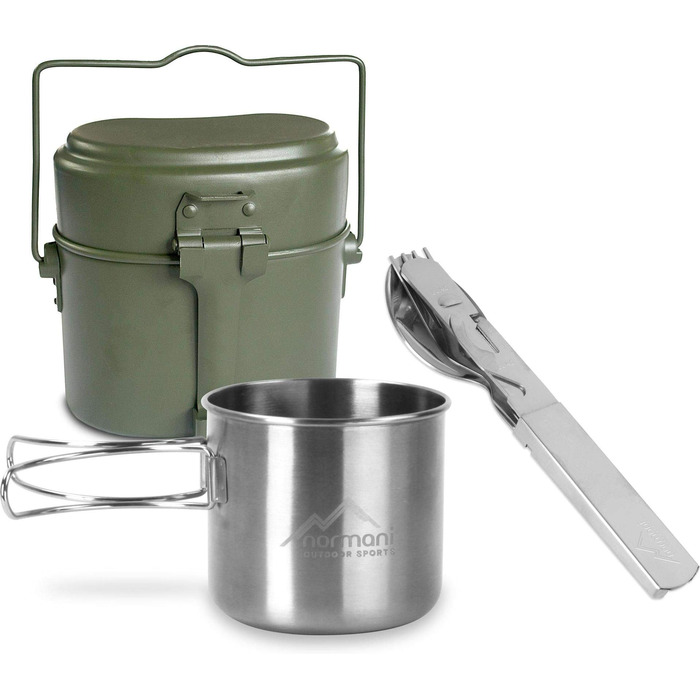 Набір посуду Normani для їди Німецький армійський посуд столові прибори Німецький армійський посуд з відкривачкою для пляшок та консервних банок кухоль з нержавіючої сталі зі складними ручками 500 мл - нержавіюча сталь 18/8 оливкового кольору