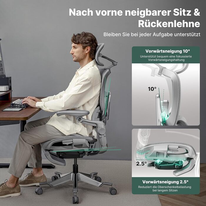 Ергономічне офісне крісло HINOMI H2 Pro з поперековою опорою, регульованим підголівником та підлокітниками, вантажопідйомність 150 кг, дихаюча сітка, обертове крісло для дому та офісу, ергономічне робоче крісло (чорне)