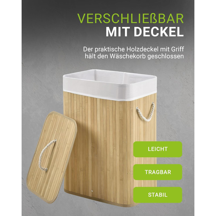 Бамбуковий кошик для білизни Juskys Curly Natural 72 л - Гігієнічний та складаний кошик для білизни з кришкою, ручкою для перенесе