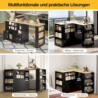 Барний стіл з місцем для зберігання, кухонний острів з висувною стільницею та функцією повороту на 360, рухомий бічний столик з тристоронніми полицями та 2 шухлядами, кавова барна стійка, чорний, 115x50x92 см A-чорнийнатуральний