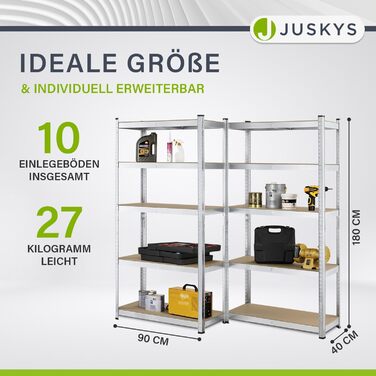 Комплект стелажів Juskys Basic, 2 предмета, 2 x 180 x 90 x 40 см (В x Ш x Г) Вантажопідйомність 1750 кг 10 полиць Міцний стелаж, металевий стелаж без болтів, стелаж для підвалу, оцинкована система стелажів