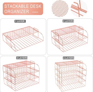 Лоток для листів A4, відсіки для зберігання Штабельований стіл-органайзер Лоток, органайзер для канцелярського приладдя Рожеве золото Відділення для зберігання для школи, дому та офісу