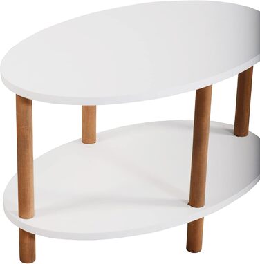 Журнальний столик Højreby, овальний диван-столик з 1 полицею, вітальня, 70 x 44 x 43 см, ніжки з бука, білий