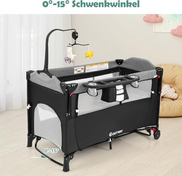 Дитяче ліжечко COSTWAY 5-в-1 120 x 60 см, 2-рівневе дорожнє ліжечко з матрацом, пеленальний килимок, іграшки, музична скринька та сумка для перенесення, складне бічне ліжко, мобільне, 4-рівневе регулювання для дітей вагою до 15 кг (чорне)