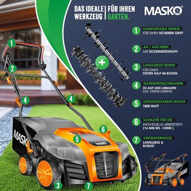 В-1 Аератор-Вертикуттер 1800 Вт, ширина захвату 40 см, мішок для збору 55 л, з валом-аератором, видаляє мох, 20 сталевих ножів, 5 рівнів регулювання глибини, регульована по висоті ручка, помаранчевий, 2-