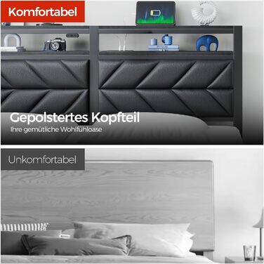 Ліжко Seventable 140x200 зі світлодіодним підсвічуванням, зарядною станцією (2 порти USB та 1 порт Type-C), металеве ліжко з м&39яким узголів&39ям та місцем для зберігання речей, двоспальне ліжко для спальні, чорне 140 x 200 см