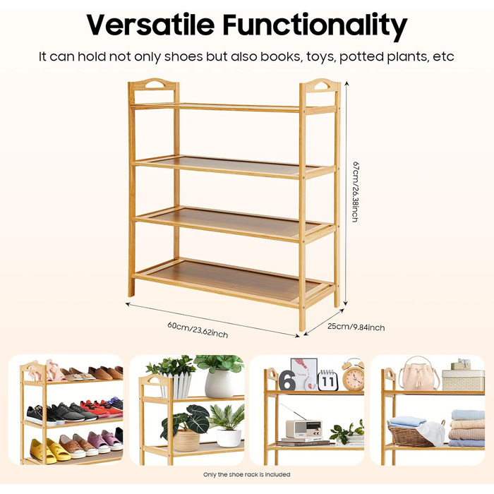Бамбукова полиця для взуття, 4 яруси, місце для зберігання взуття, взуттєва шафа, окремостояча полиця, полиця для ванної кімнати, кухонна полиця, дерев&39яна полиця з ручкою для кухні, балкону, коридору та офісу, 60x25x67 см
