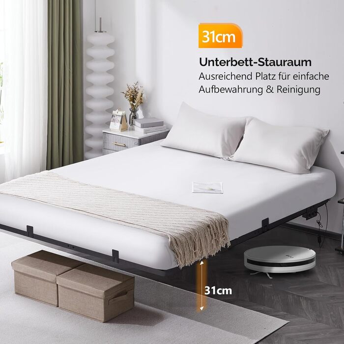 Каркас ліжка Bonnlo 140x200 см з рейковою основою, ліжко 140x200 см зі світлодіодним освітленням, міцне металеве ліжко, плаваюче ліжко висотою 36 см, чорне (без матраца) 140 x 200 см