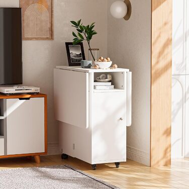 Мобільний розкладний стіл, розкладний обідній стіл на колесах, розкладний стіл з 1 великою шафою та 1 відкритим відділенням, мобільний обідній стіл для невеликих приміщень, їдальня, кухня, 120 x 70 x 78 см, білий, 120x70x78 см, білий