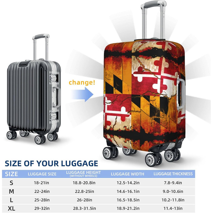 Чохол для валізи з дерева, прапор штату Меріленд, міцний захист для багажу, підходить для валіз розміром 45.7 - 81.3 см, малий, Чорний